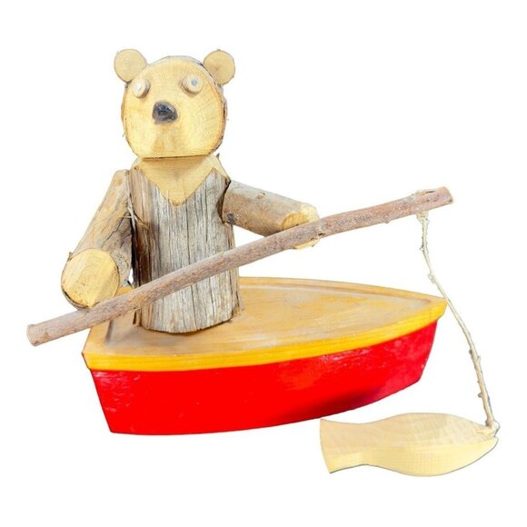 Folk Art Hand Made Wooden Bear Fishing Figurine With Attached Fish On A Boat VTG - Picture 13 of 13